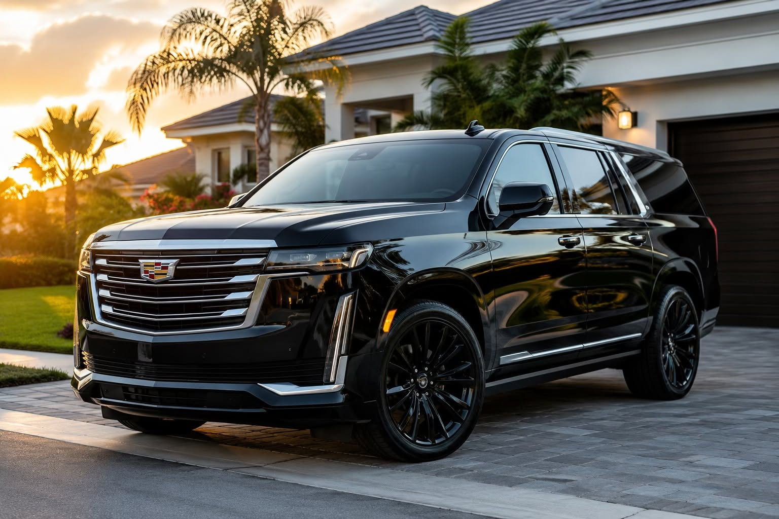 Freshly detailed black SUV at sunset